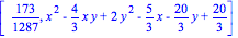 [173/1287, x^2-4/3*x*y+2*y^2-5/3*x-20/3*y+20/3]